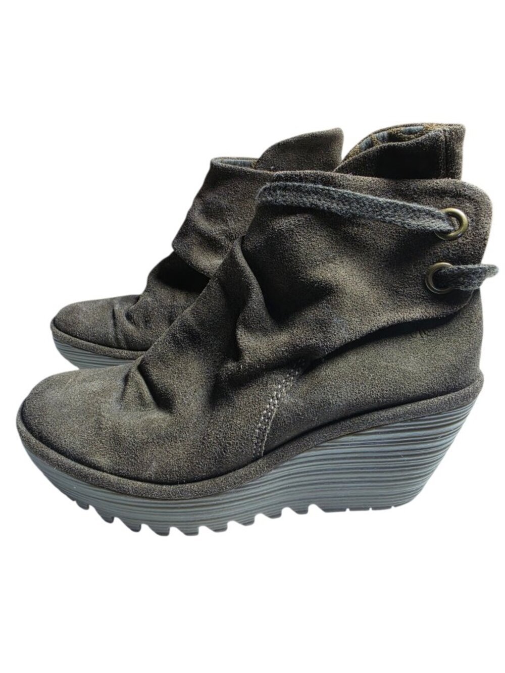 Fly London Yama Olive Green Slouchy Suede Leather Wedge Booties EU 36 US 6